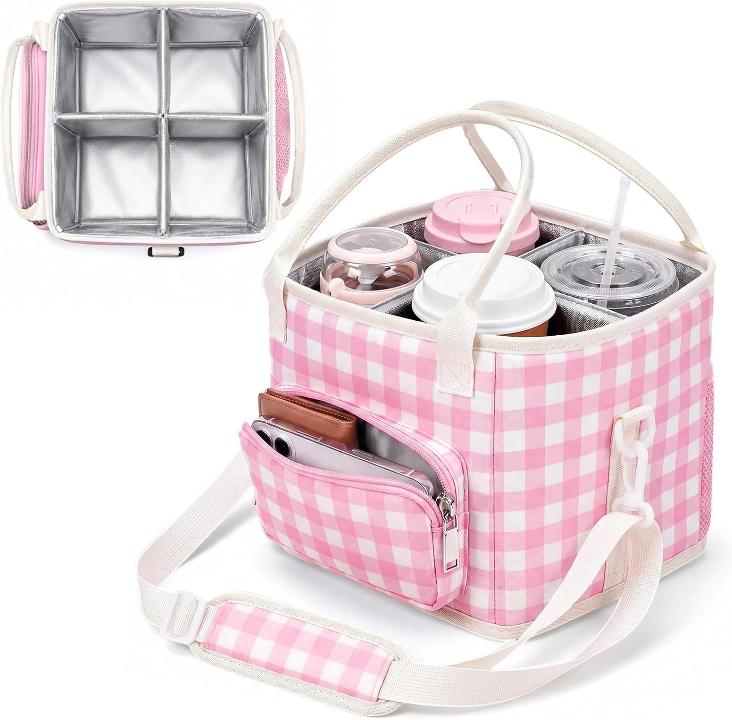 4 Compartments Drink Carrier Bag with Strap,Strawberry,Beige | Insulated Water Bottle Holder, Portable Tumbler Carrier Caddy, Car Commute to Work Coffee Drinking Takeout for Teacher