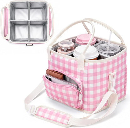 4 Compartments Drink Carrier Bag with Strap,Strawberry,Beige | Insulated Water Bottle Holder, Portable Tumbler Carrier Caddy, Car Commute to Work Coffee Drinking Takeout for Teacher