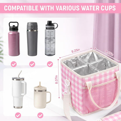 4 Compartments Drink Carrier Bag with Strap,Strawberry,Beige | Insulated Water Bottle Holder, Portable Tumbler Carrier Caddy, Car Commute to Work Coffee Drinking Takeout for Teacher
