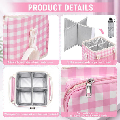 4 Compartments Drink Carrier Bag with Strap,Strawberry,Beige | Insulated Water Bottle Holder, Portable Tumbler Carrier Caddy, Car Commute to Work Coffee Drinking Takeout for Teacher