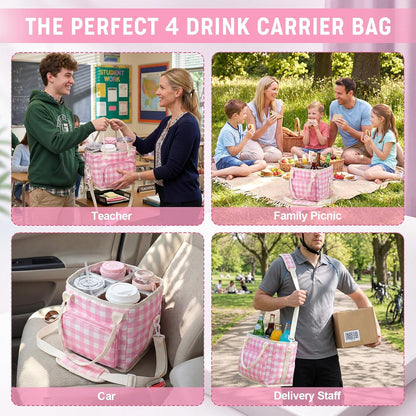 4 Compartments Drink Carrier Bag with Strap,Strawberry,Beige | Insulated Water Bottle Holder, Portable Tumbler Carrier Caddy, Car Commute to Work Coffee Drinking Takeout for Teacher
