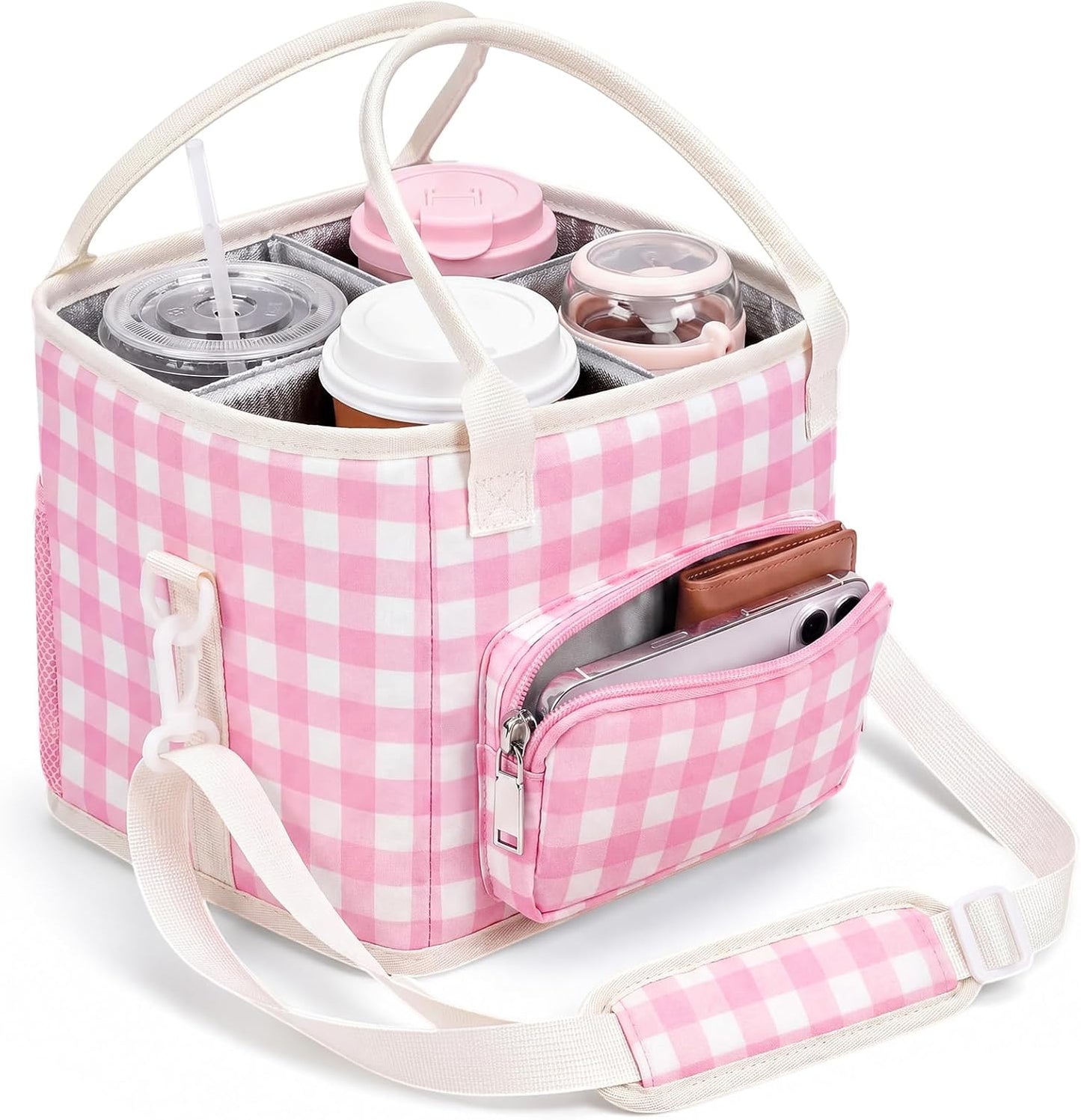 4 Compartments Drink Carrier Bag with Strap,Strawberry,Beige | Insulated Water Bottle Holder, Portable Tumbler Carrier Caddy, Car Commute to Work Coffee Drinking Takeout for Teacher