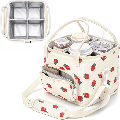 4 Compartments Drink Carrier Bag with Strap,Strawberry,Beige | Insulated Water Bottle Holder, Portable Tumbler Carrier Caddy, Car Commute to Work Coffee Drinking Takeout for Teacher