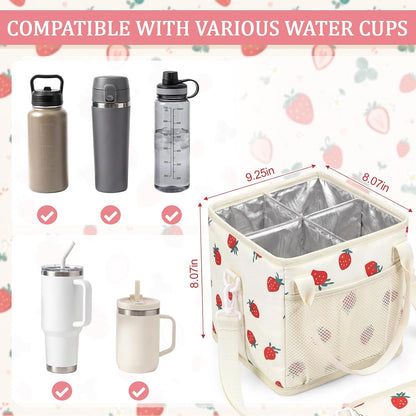 4 Compartments Drink Carrier Bag with Strap,Strawberry,Beige | Insulated Water Bottle Holder, Portable Tumbler Carrier Caddy, Car Commute to Work Coffee Drinking Takeout for Teacher