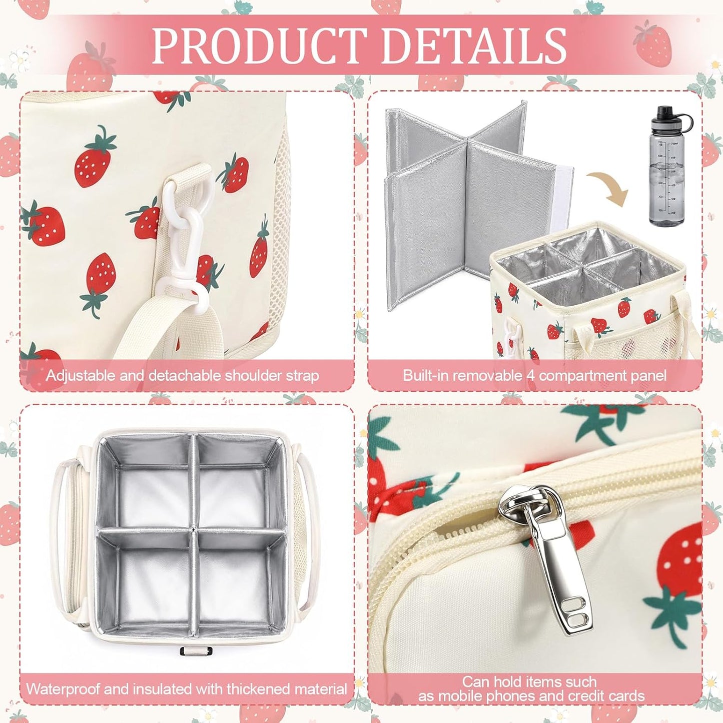 4 Compartments Drink Carrier Bag with Strap,Strawberry,Beige | Insulated Water Bottle Holder, Portable Tumbler Carrier Caddy, Car Commute to Work Coffee Drinking Takeout for Teacher