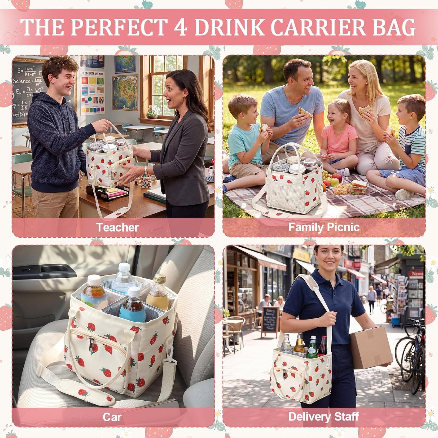4 Compartments Drink Carrier Bag with Strap,Strawberry,Beige | Insulated Water Bottle Holder, Portable Tumbler Carrier Caddy, Car Commute to Work Coffee Drinking Takeout for Teacher