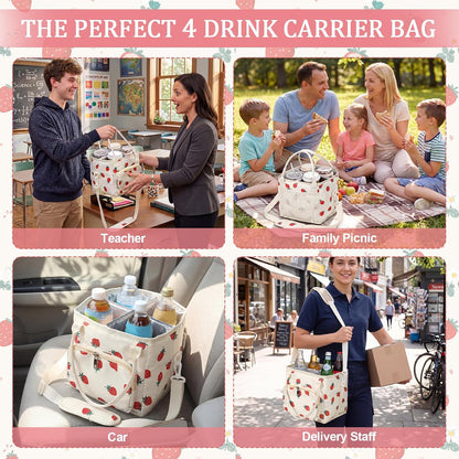 4 Compartments Drink Carrier Bag with Strap,Strawberry,Beige | Insulated Water Bottle Holder, Portable Tumbler Carrier Caddy, Car Commute to Work Coffee Drinking Takeout for Teacher
