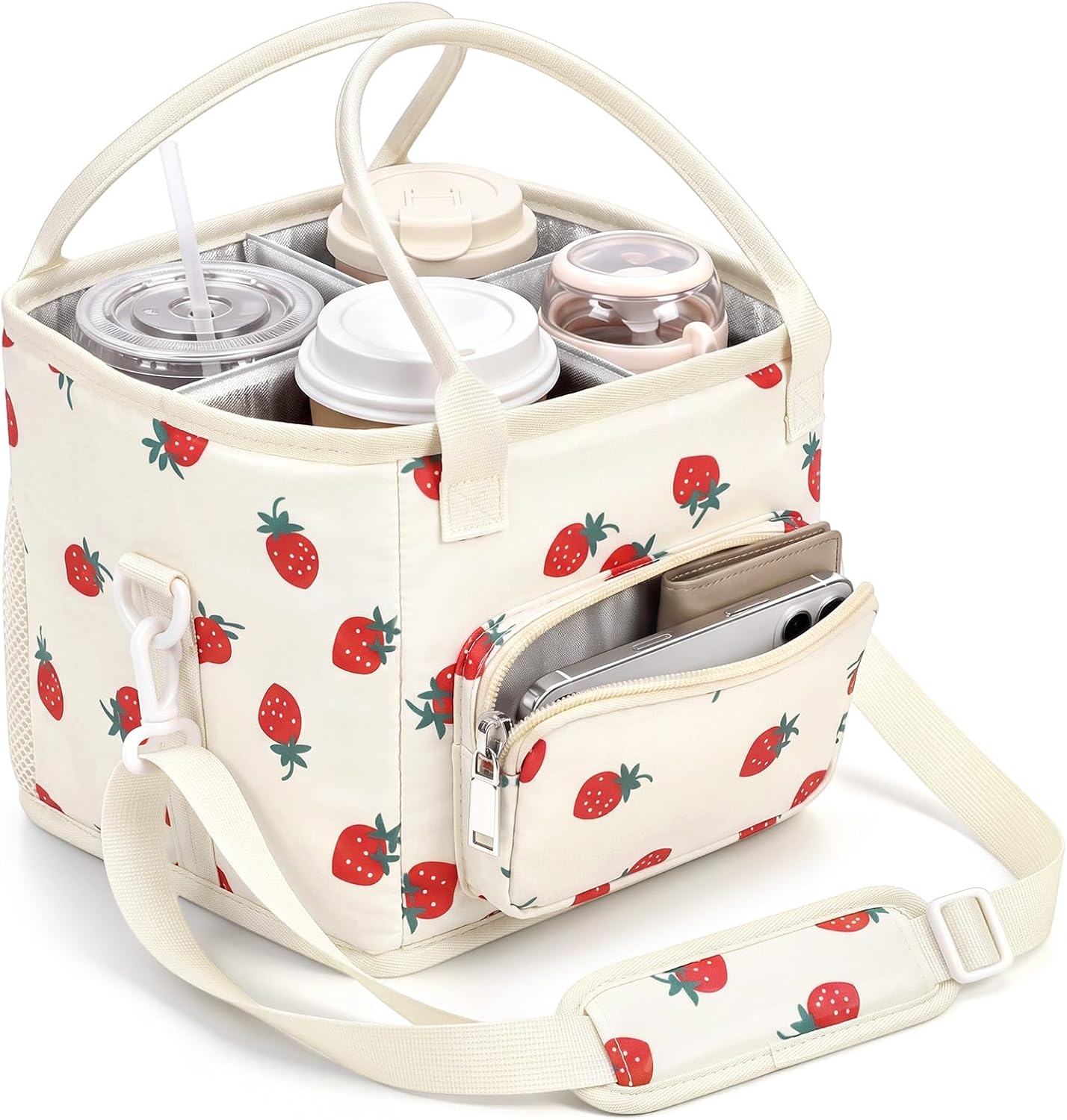 4 Compartments Drink Carrier Bag with Strap,Strawberry,Beige | Insulated Water Bottle Holder, Portable Tumbler Carrier Caddy, Car Commute to Work Coffee Drinking Takeout for Teacher