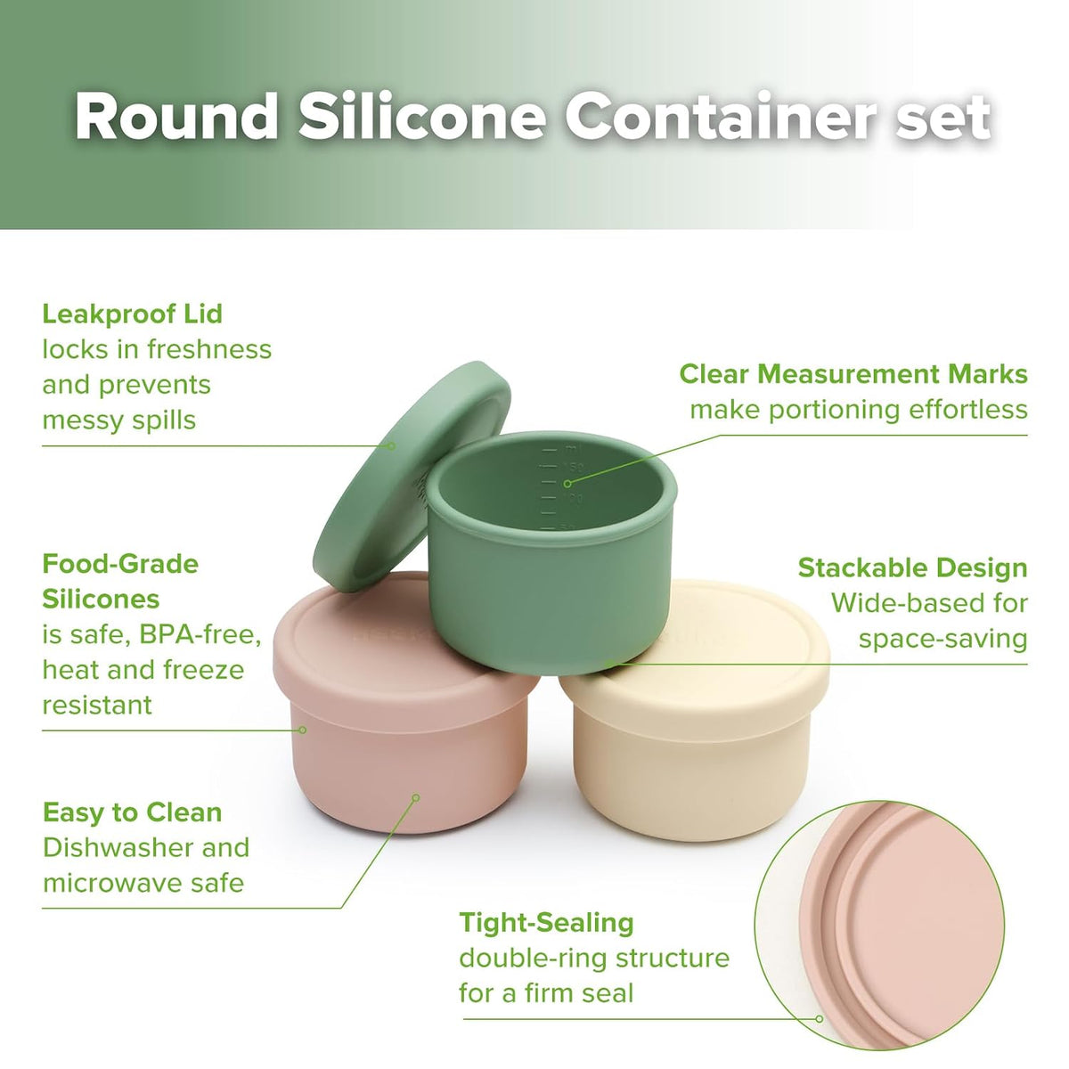 Silicone Baby Food Containers with Leakproof Lids, 5 oz, 3-Pack