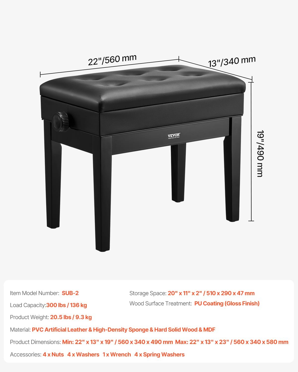 Piano Bench 22" x 13" x 19.3" Keyboard Chair 19.3"-22.8" Adjustable