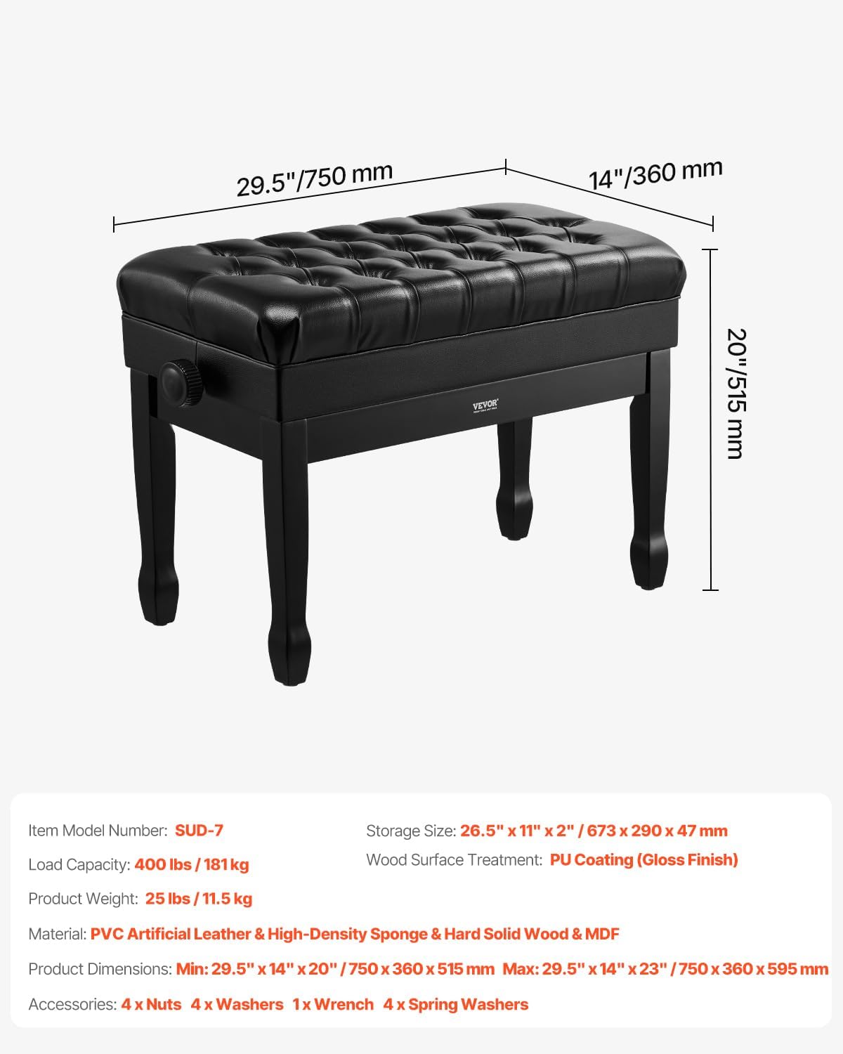 Piano Bench 22" x 13" x 19.3" Keyboard Chair 19.3"-22.8" Adjustable