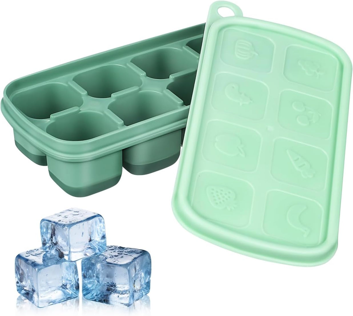 Silicone Ice Cube Tray with Lid 8-Cube Flexible Freezer Storage Container for Ice Food Meal Prep and Sauce Freezing Mold