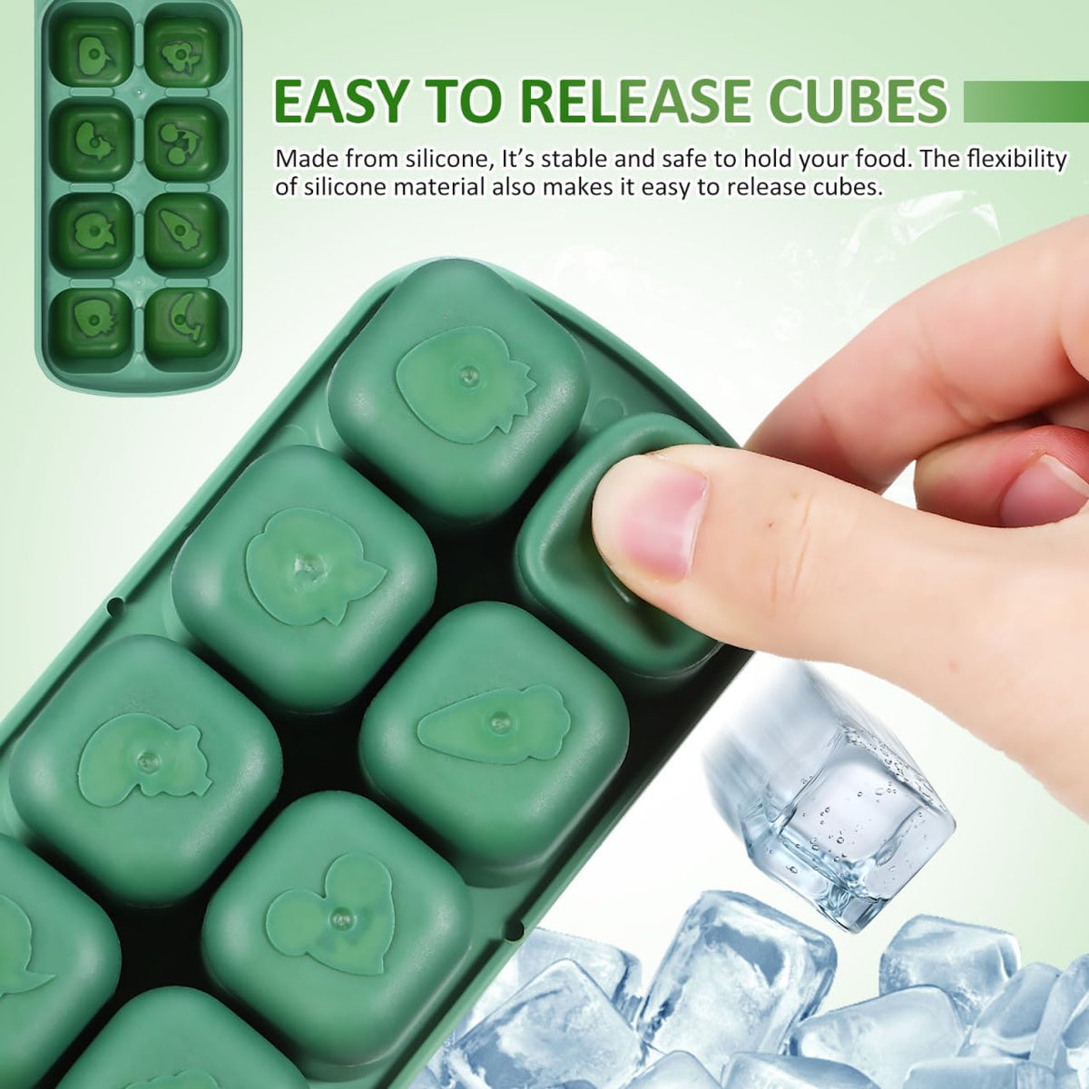 Silicone Ice Cube Tray with Lid 8-Cube Flexible Freezer Storage Container for Ice Food Meal Prep and Sauce Freezing Mold