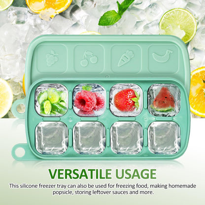 Silicone Ice Cube Tray with Lid 8-Cube Flexible Freezer Storage Container for Ice Food Meal Prep and Sauce Freezing Mold
