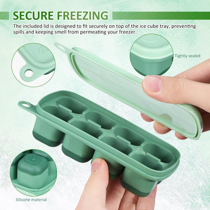 Silicone Ice Cube Tray with Lid 8-Cube Flexible Freezer Storage Container for Ice Food Meal Prep and Sauce Freezing Mold