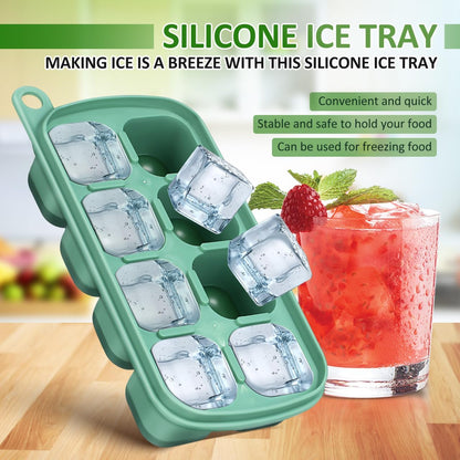 Silicone Ice Cube Tray with Lid 8-Cube Flexible Freezer Storage Container for Ice Food Meal Prep and Sauce Freezing Mold