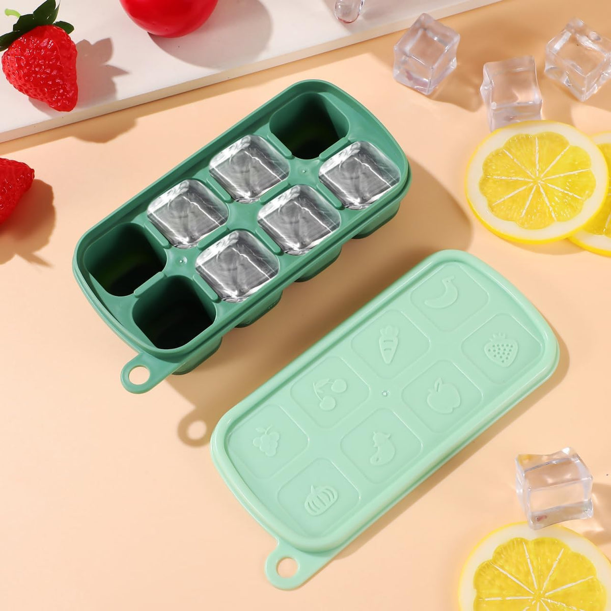Silicone Ice Cube Tray with Lid 8-Cube Flexible Freezer Storage Container for Ice Food Meal Prep and Sauce Freezing Mold