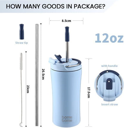 BOTTLE BOTTLE Insulated coffee Tumbler with Dual-use Lid and Straw 12oz | Double Walled,Stainless Steel,with Handle,Iced Travel Coffee Mug for Woman and Man,BPA-Free