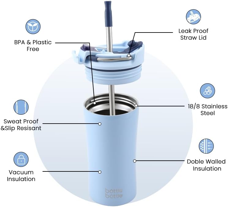 BOTTLE BOTTLE Insulated coffee Tumbler with Dual-use Lid and Straw 12oz | Double Walled,Stainless Steel,with Handle,Iced Travel Coffee Mug for Woman and Man,BPA-Free