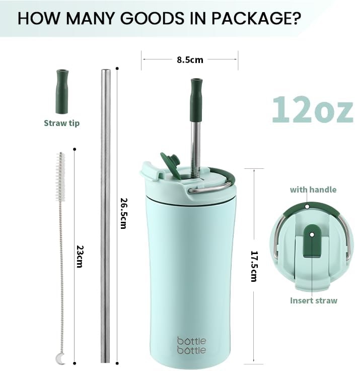 BOTTLE BOTTLE Insulated coffee Tumbler with Dual-use Lid and Straw 12oz | Double Walled,Stainless Steel,with Handle,Iced Travel Coffee Mug for Woman and Man,BPA-Free