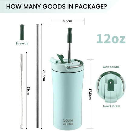 BOTTLE BOTTLE Insulated coffee Tumbler with Dual-use Lid and Straw 12oz | Double Walled,Stainless Steel,with Handle,Iced Travel Coffee Mug for Woman and Man,BPA-Free