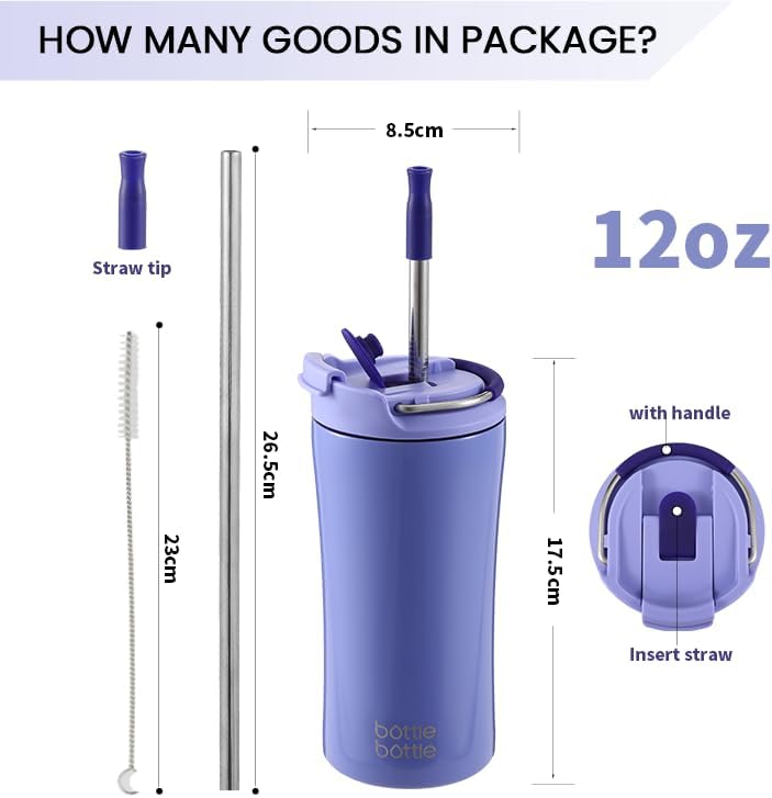 BOTTLE BOTTLE Insulated coffee Tumbler with Dual-use Lid and Straw 12oz | Double Walled,Stainless Steel,with Handle,Iced Travel Coffee Mug for Woman and Man,BPA-Free