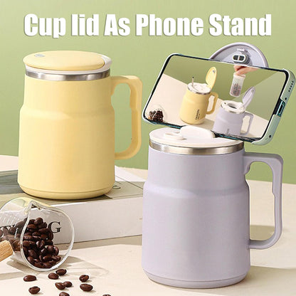 20oz Insulated Coffee Mug with Handle, Leakproof Travel Tumbler with Tea Infuser, Detachable Base Storage for Spoon, Lid Doubles as Phone Stand for Office Desk (White)