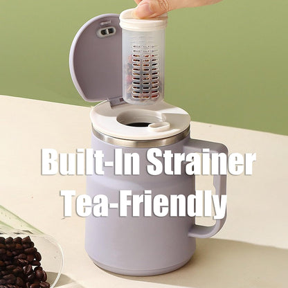 20oz Insulated Coffee Mug with Handle, Leakproof Travel Tumbler with Tea Infuser, Detachable Base Storage for Spoon, Lid Doubles as Phone Stand for Office Desk (White)