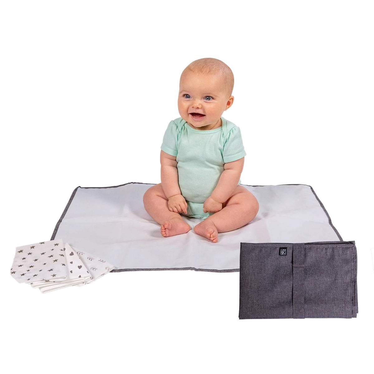 J.L. Childress Portable Baby Changing Pad Bundle with Disposable Pads, Grey