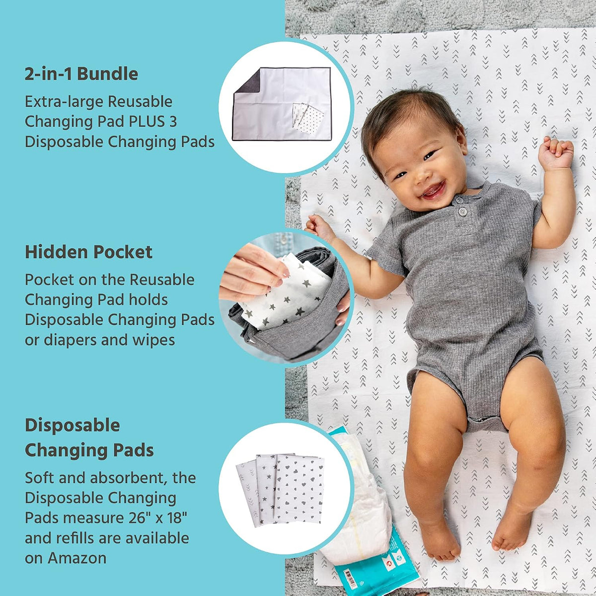 J.L. Childress Portable Baby Changing Pad Bundle with Disposable Pads, Grey
