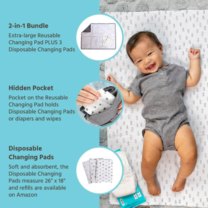 J.L. Childress Portable Baby Changing Pad Bundle with Disposable Pads, Grey
