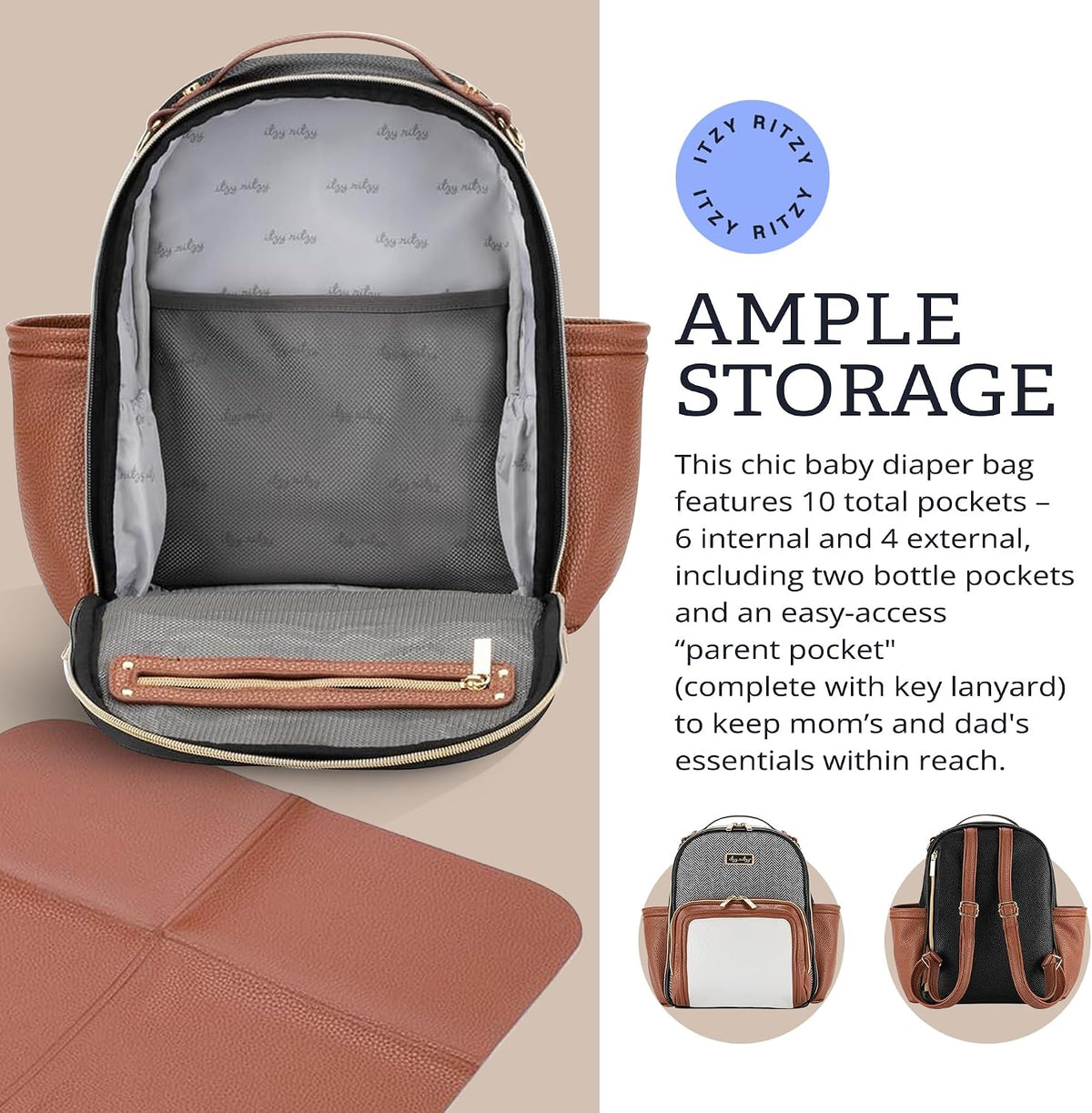 Mini Diaper Bag Backpack - 10 Pockets with Changing Pad (Aspen)