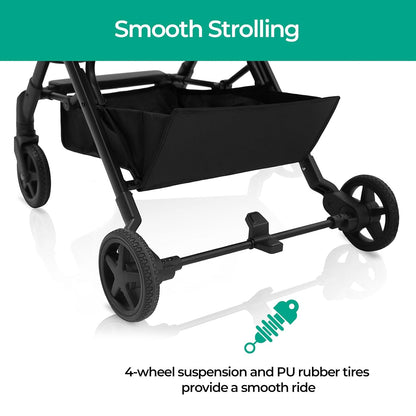 Lithe, Lightweight Stroller, Compact One-Hand Fold Luggage-Style Travel Stroller for Airplane Friendly, Reclining Seat and XL Canopy, with Rain Cover & Travel Carry Bag & Cup Holder