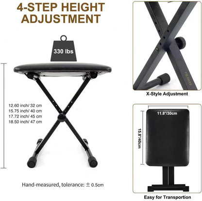 Keyboard Bench X-Style Height Adjustable Padded Cushion Foldable Stool Portable Seat Keyboard Chair for Keyboards Piano Guitar (White)