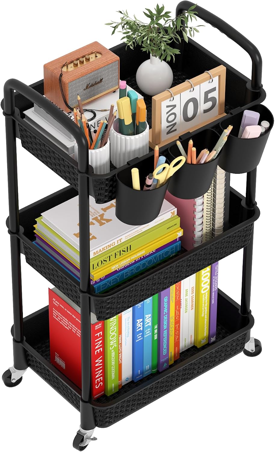 3-Tier Plastic Rolling Utility Cart with Handle,Pink