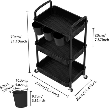 3-Tier Plastic Rolling Utility Cart with Handle,Pink