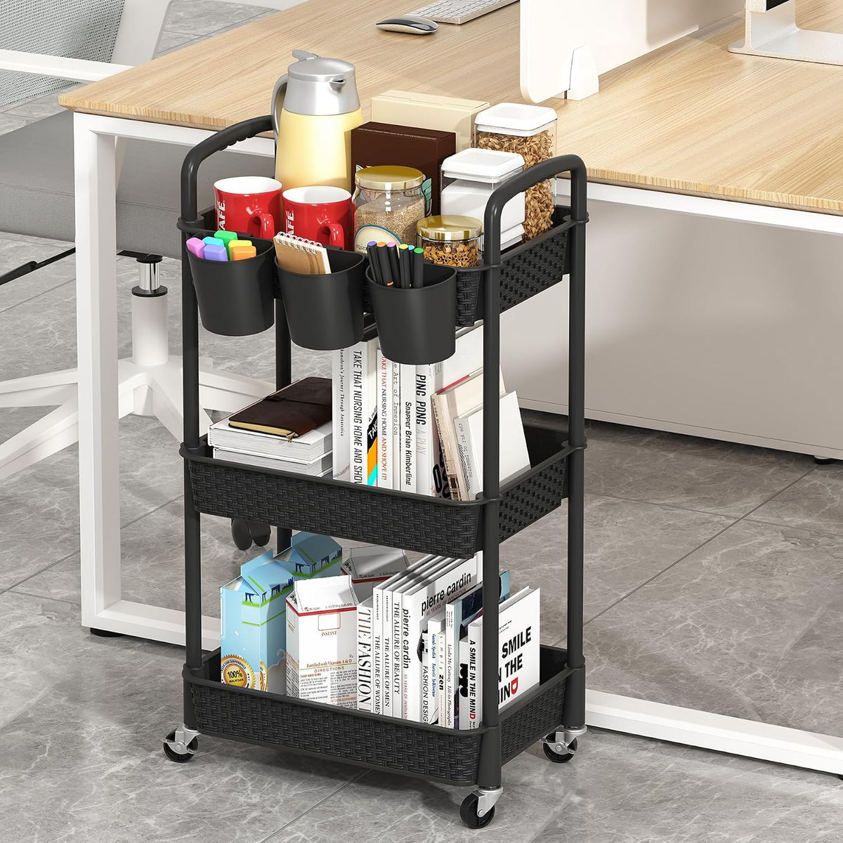 3-Tier Plastic Rolling Utility Cart with Handle,Pink