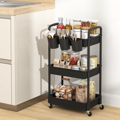 3-Tier Plastic Rolling Utility Cart with Handle,Pink
