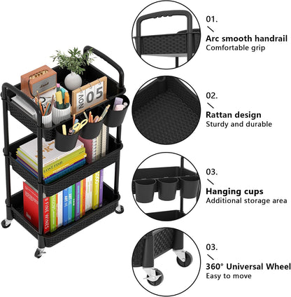 3-Tier Plastic Rolling Utility Cart with Handle,Pink