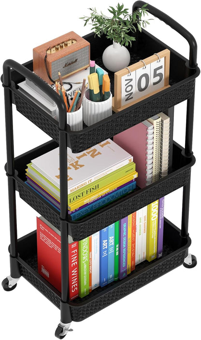 3-Tier Plastic Rolling Utility Cart with Handle,Pink