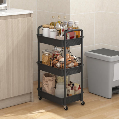 3-Tier Plastic Rolling Utility Cart with Handle,Pink