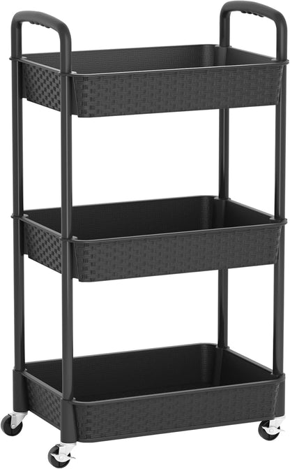 3-Tier Plastic Rolling Utility Cart with Handle,Pink