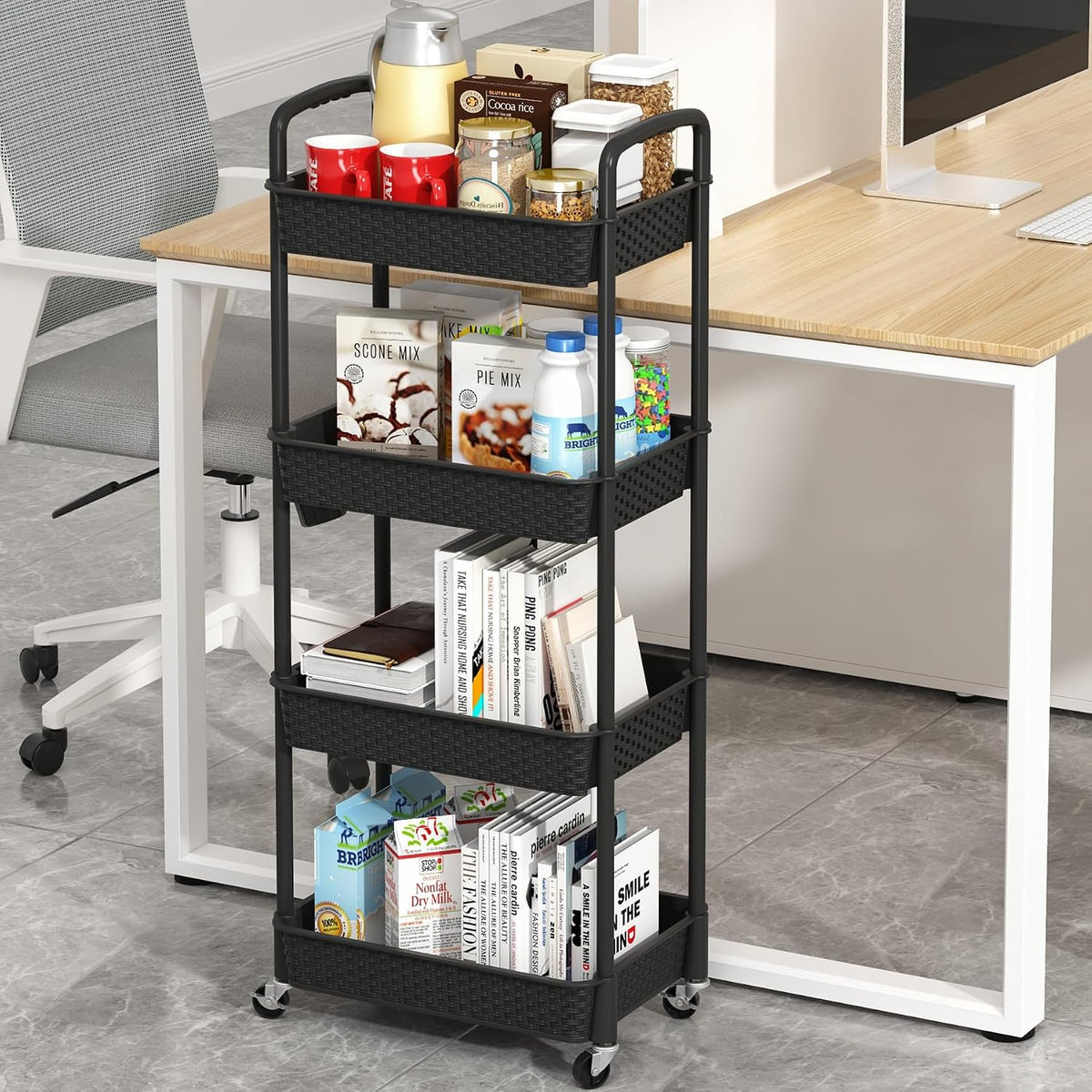3-Tier Plastic Rolling Utility Cart with Handle,Pink