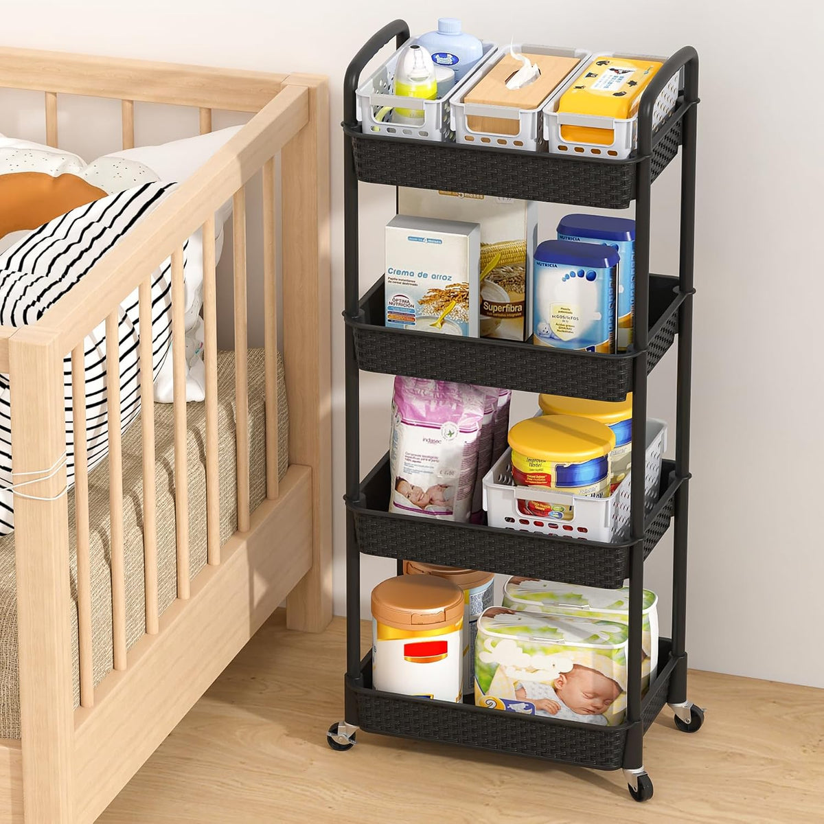 3-Tier Plastic Rolling Utility Cart with Handle,Pink