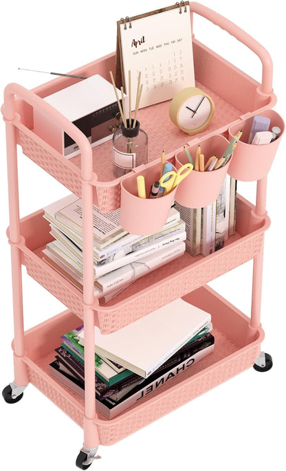 3-Tier Plastic Rolling Utility Cart with Handle,Pink