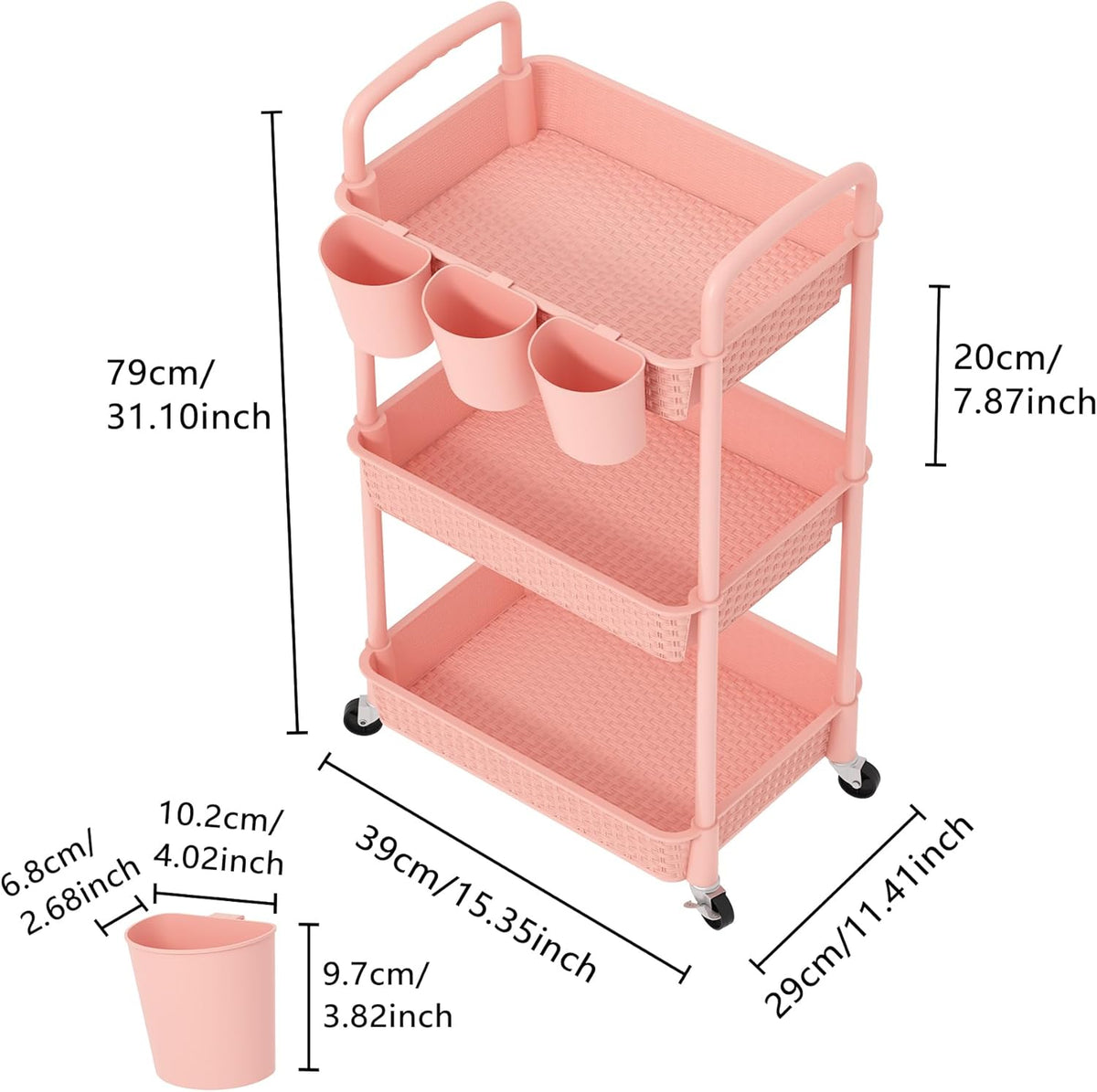 3-Tier Plastic Rolling Utility Cart with Handle,Pink