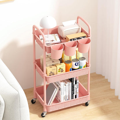 3-Tier Plastic Rolling Utility Cart with Handle,Pink