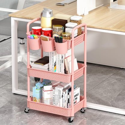3-Tier Plastic Rolling Utility Cart with Handle,Pink