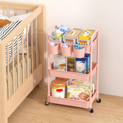 3-Tier Plastic Rolling Utility Cart with Handle,Pink