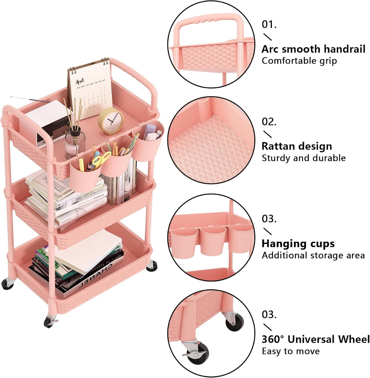 3-Tier Plastic Rolling Utility Cart with Handle,Pink